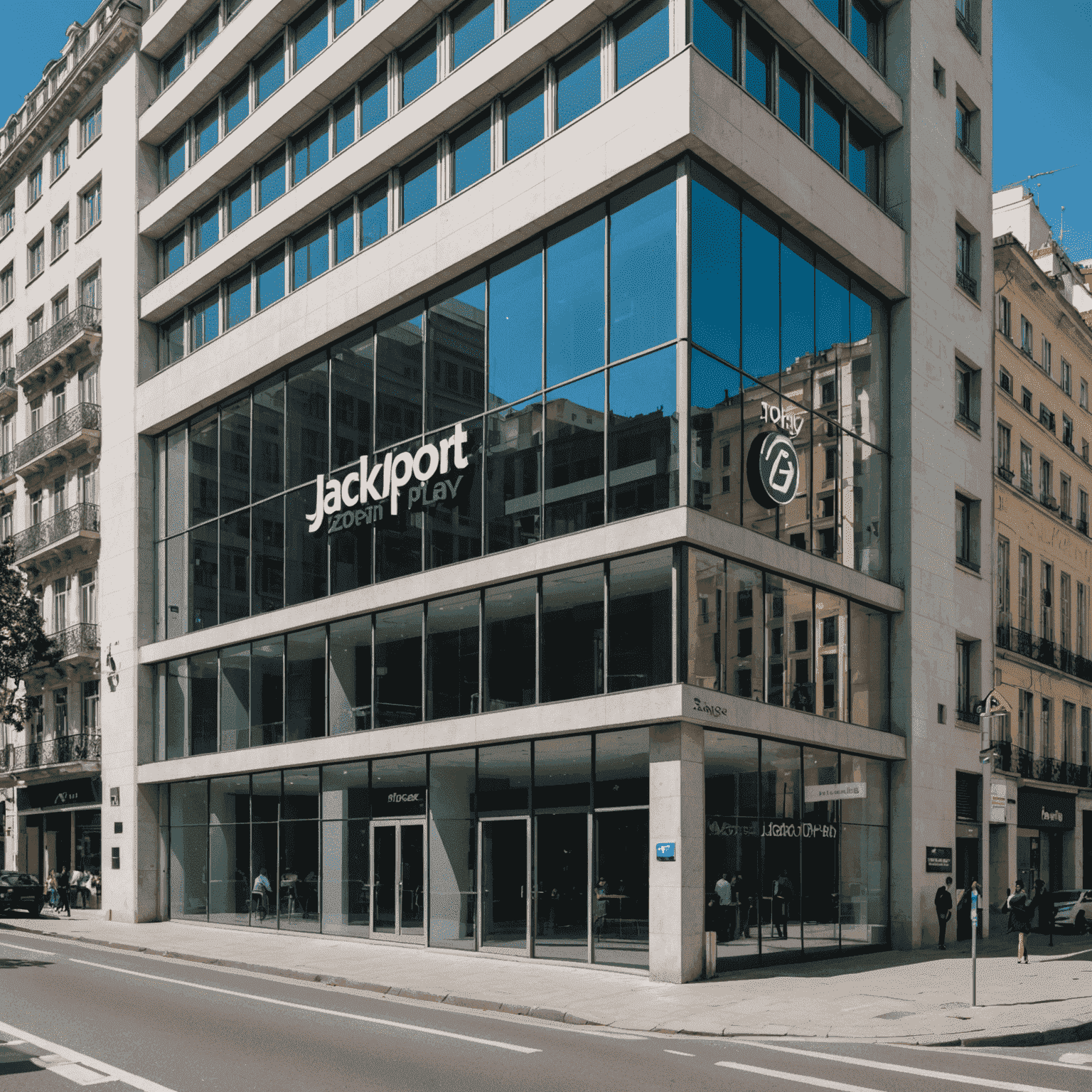 Imagem do escritório do JackpotZonePlay em Lisboa, mostrando uma fachada moderna com o logotipo da empresa. O prédio tem grandes janelas de vidro e está localizado em uma rua movimentada no centro da cidade.