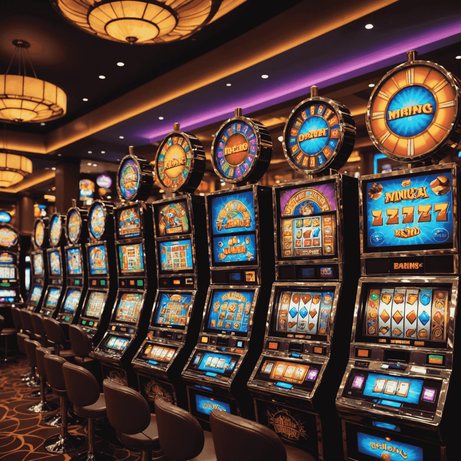 Imagem de várias máquinas caça-níqueis coloridas e animadas em um ambiente de casino virtual