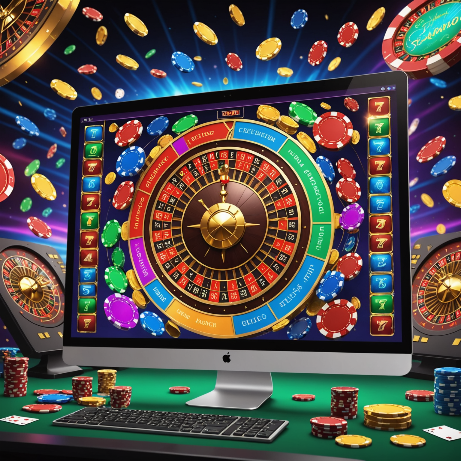 Uma tela de computador mostrando vários jogos de casino coloridos e animados, com fichas virtuais voando e um grande jackpot brilhante no centro