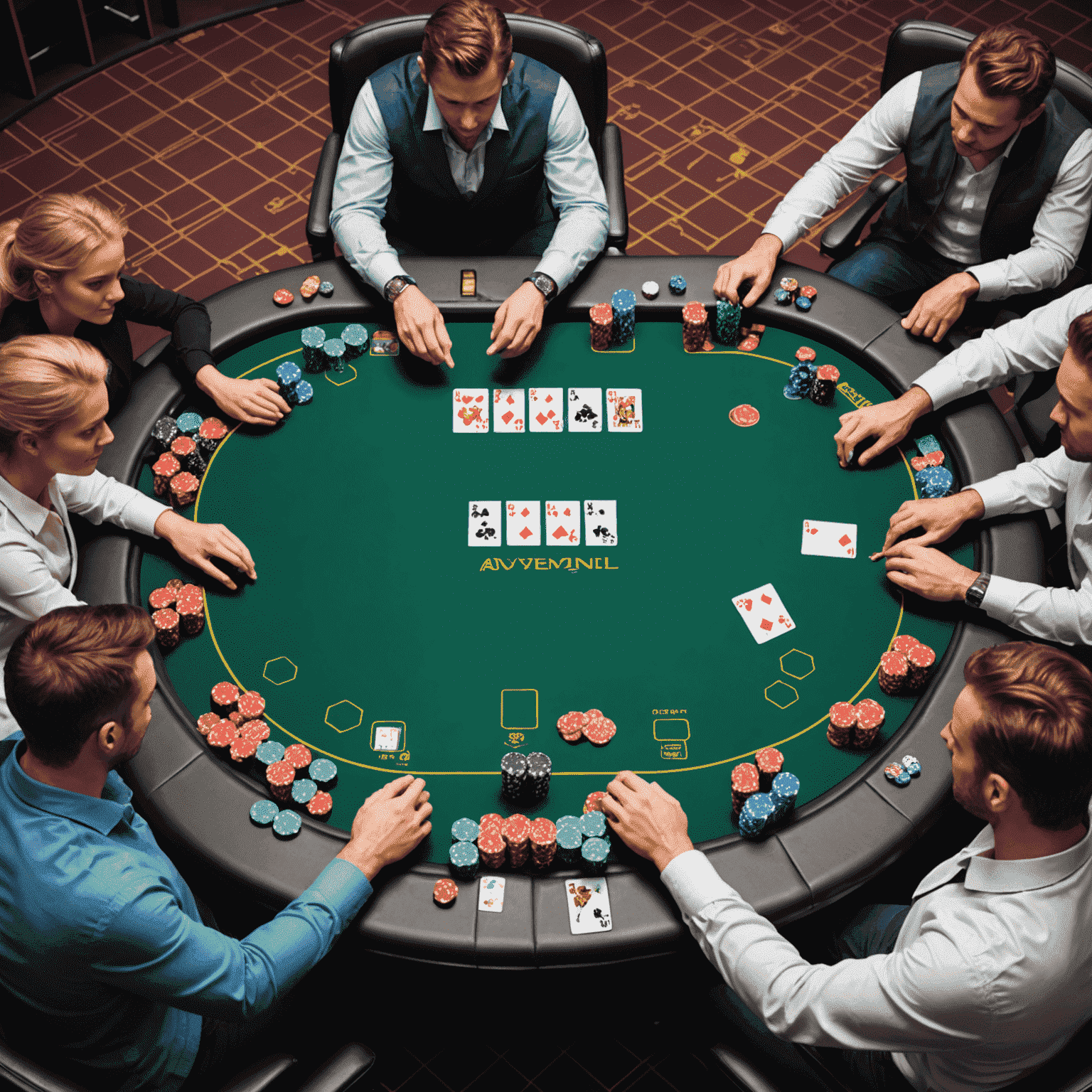 Mesa de poker virtual com avatares de jogadores ao redor, chips coloridos e cartas em jogo