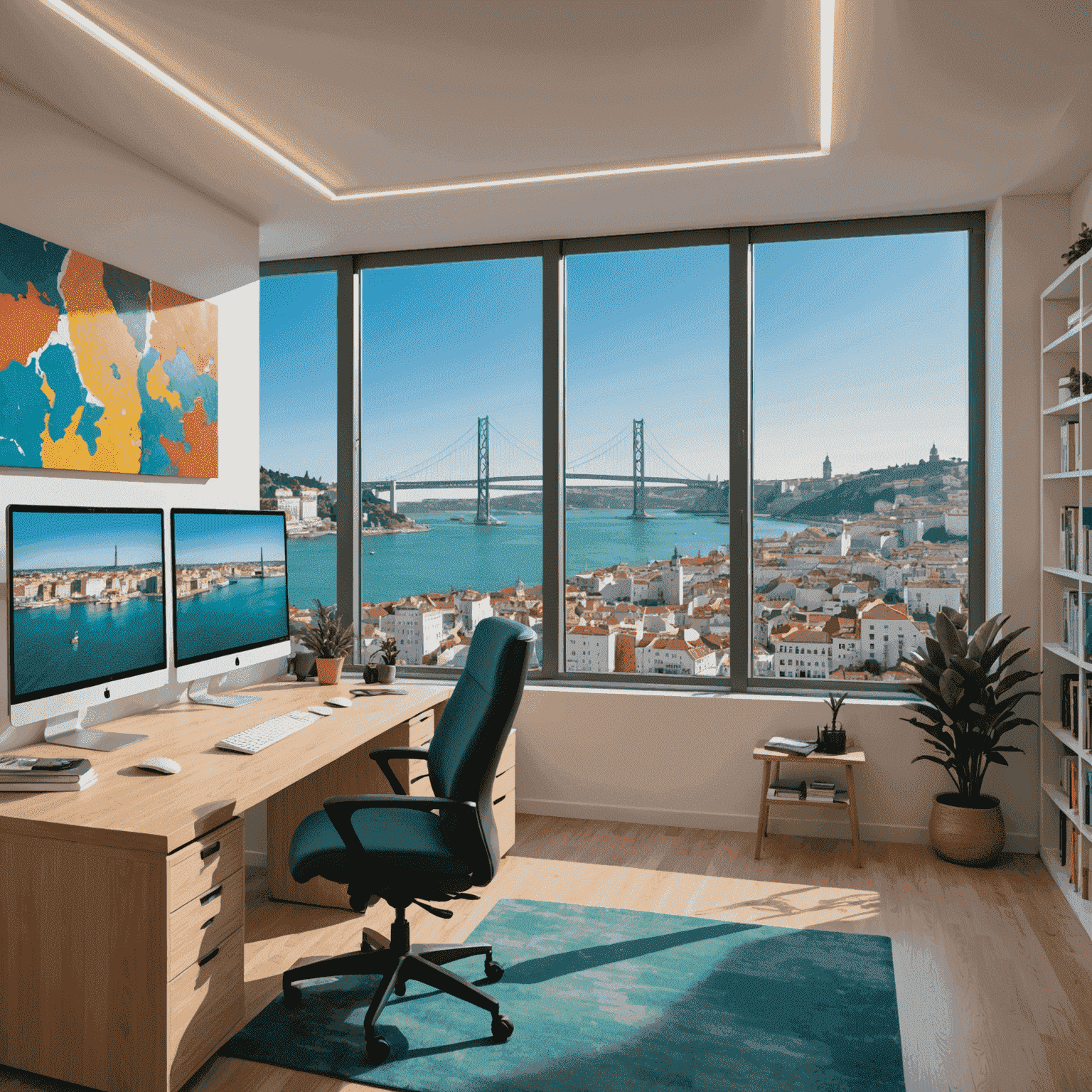 Vista panorâmica do escritório JackpotZonePlay em Lisboa, mostrando uma área de trabalho moderna e colorida com vista para o rio Tejo