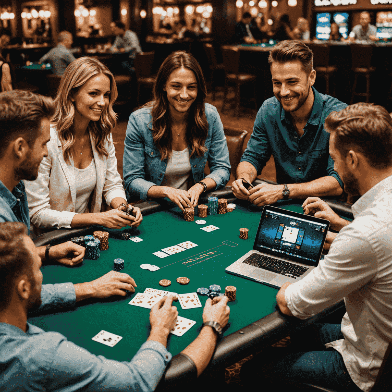 Imagem de amigos jogando poker online, com laptops e tablets mostrando mesas de poker virtuais do JackpotZonePlay