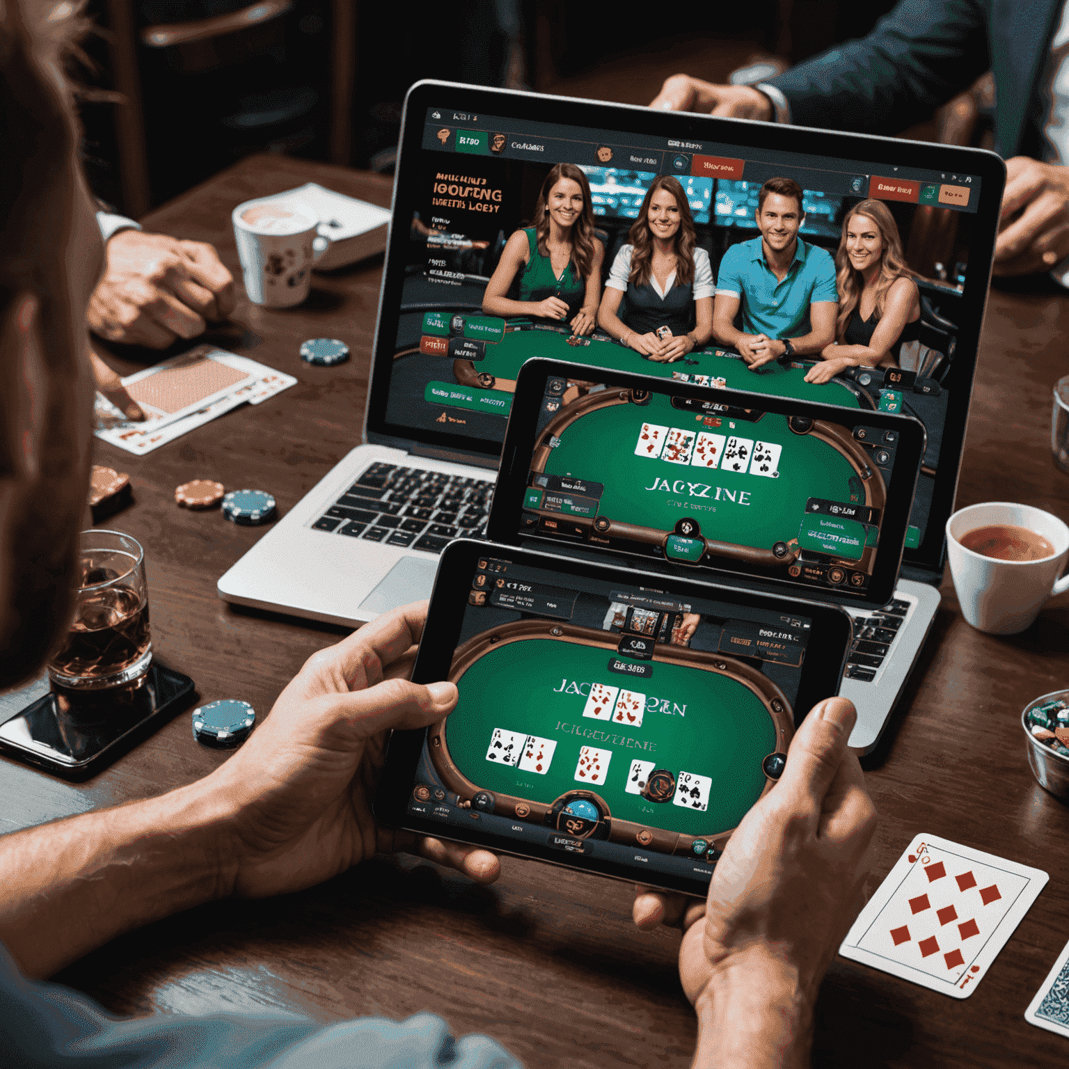 Grupo de amigos jogando poker online em seus dispositivos, com interface do JackpotZonePlay visível