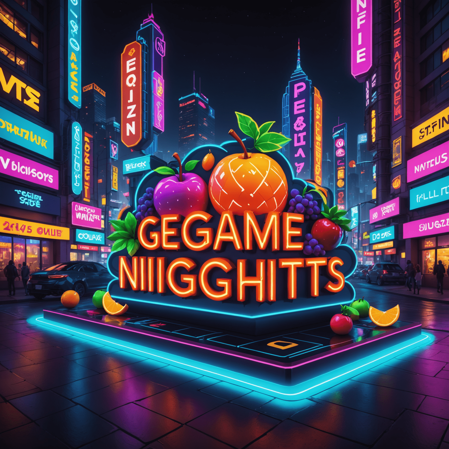 Imagem do jogo Neon Nights com luzes brilhantes de néon, símbolos de frutas estilizadas e um cenário de cidade noturna