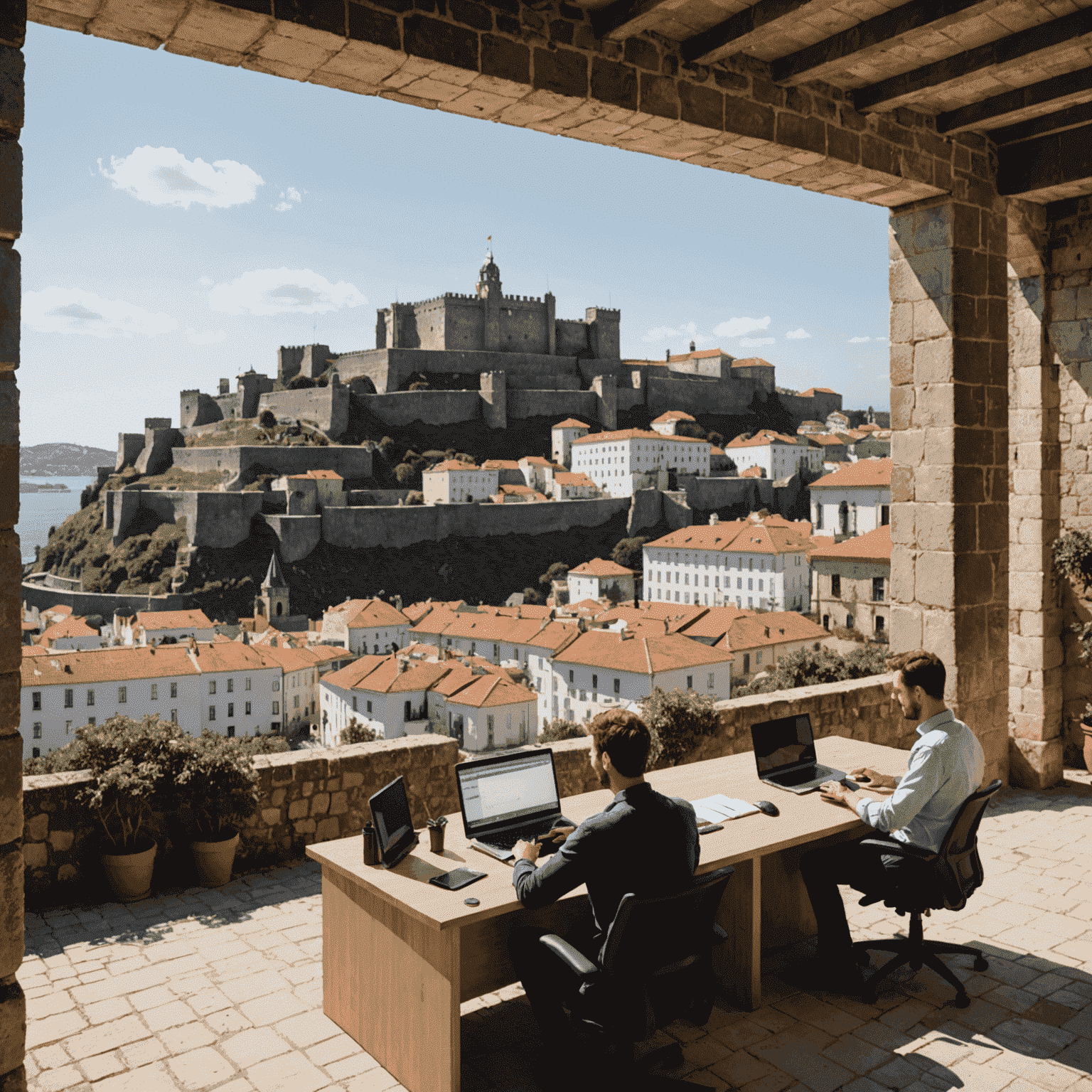 Equipe de desenvolvimento trabalhando em um espaço aberto com vista para o Castelo de São Jorge