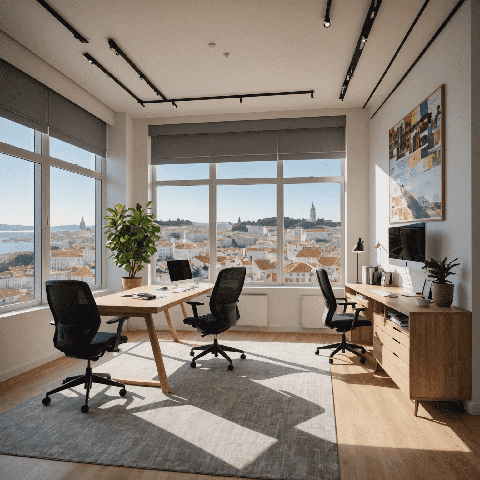 Interior moderno do escritório do JackpotZonePlay em Lisboa, com vista para a cidade e elementos da cultura portuguesa