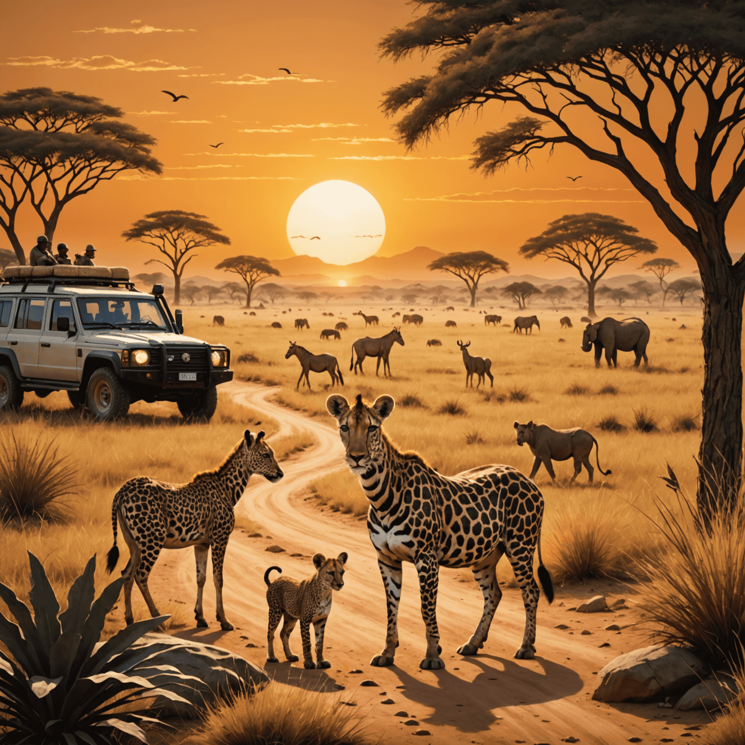 Imagem do jogo Safári Selvagem com animais africanos, savana ao pôr do sol e símbolos de pegadas de animais