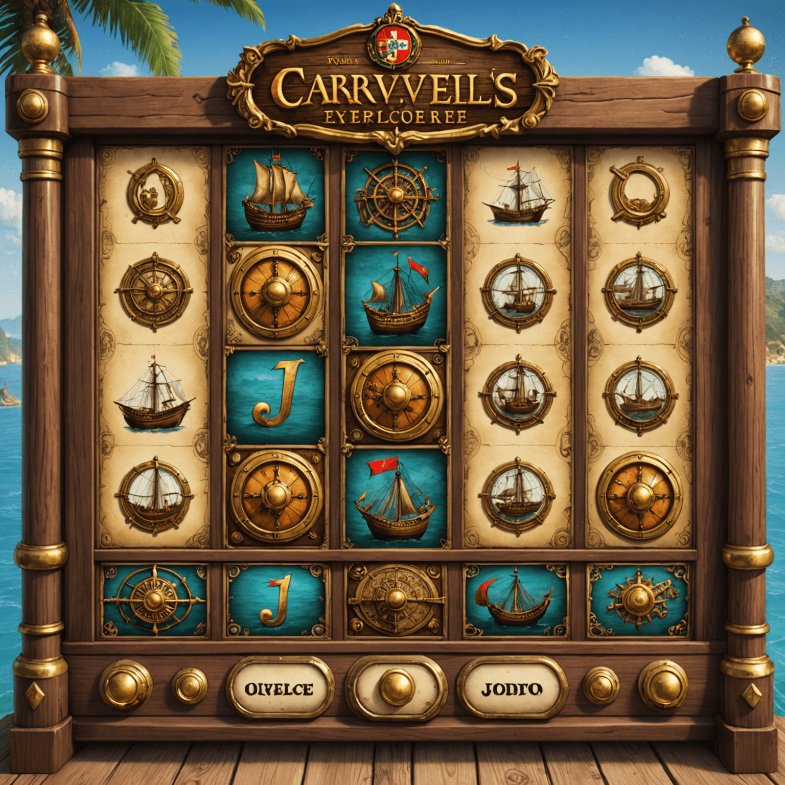 Screenshot de um jogo de slot machine com tema de exploradores portugueses, mostrando caravelas e mapas antigos