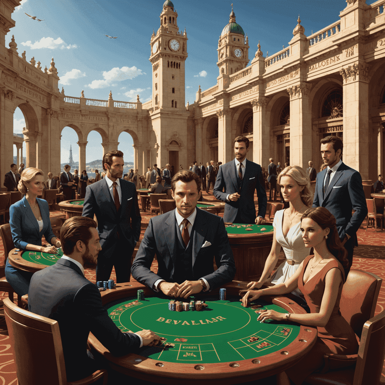 Imagem conceitual mostrando avatares de jogadores em um casino virtual com elementos de design inspirados em Lisboa, como o Padrão dos Descobrimentos e a Torre de Belém